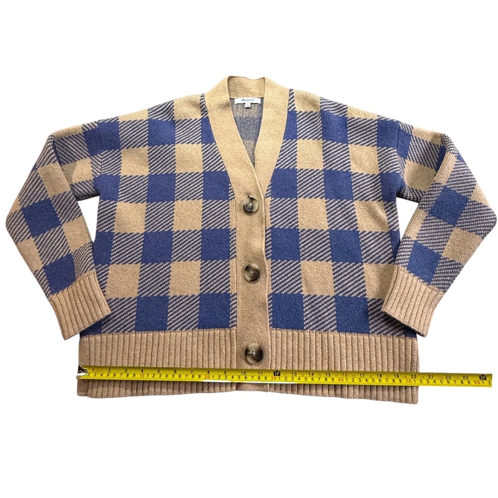 Madewell Women Blue Tan Buffalo Check Plaid V-Neck Button Cardigan Sweater Small - Picture 4 of 6